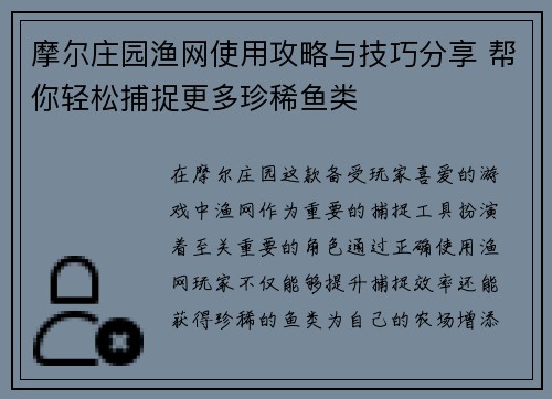 摩尔庄园渔网使用攻略与技巧分享 帮你轻松捕捉更多珍稀鱼类